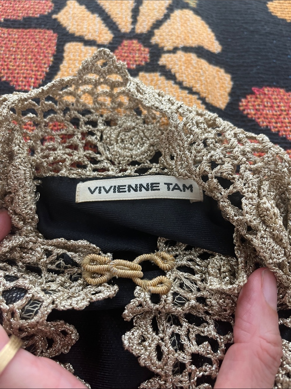 Vintage Vivienne Tam Gold Crochet Floral Cardigan - Picture 6 of 8